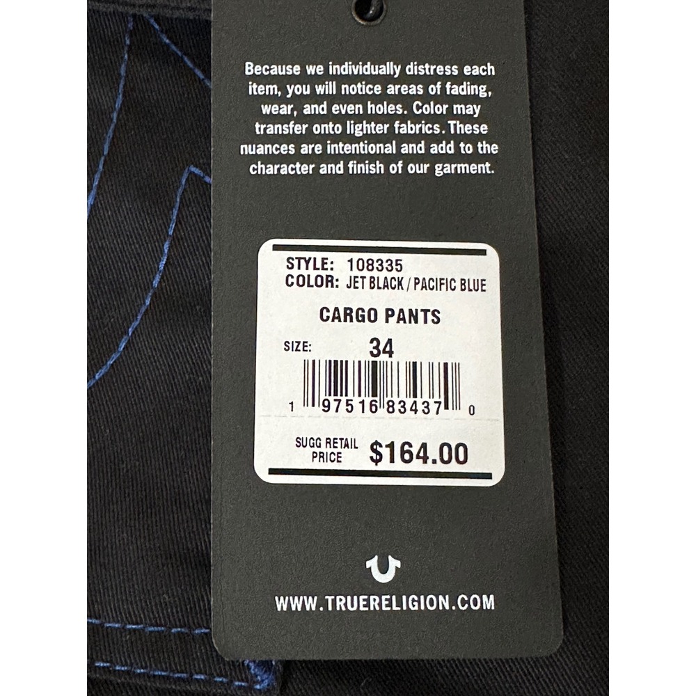 True Religion Mens Black Cargo Pants Blue Contrast Stitch Straight Leg Size 34 - Picture 11 of 11